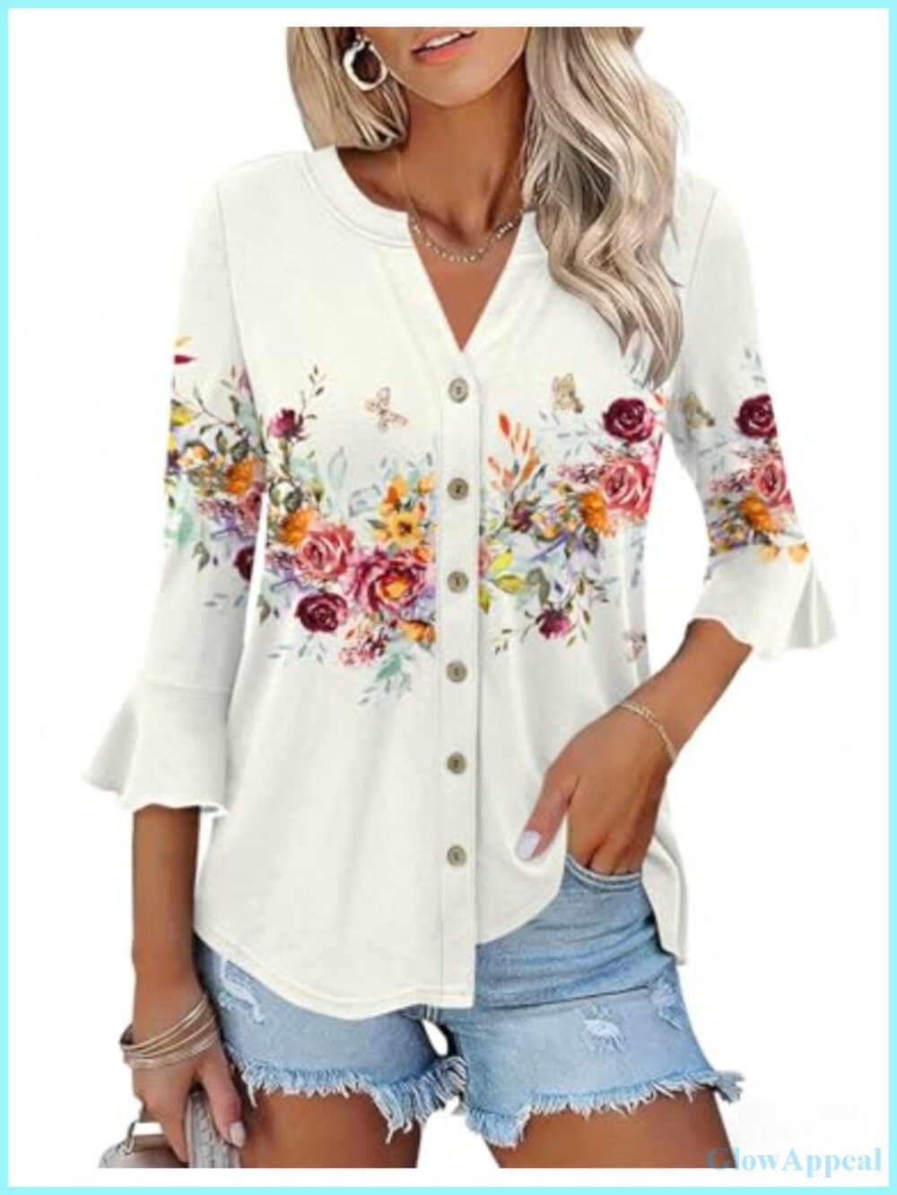 Women's V-Neck 3/4 Bell Sleeve Button Down Tunic Blouse - Polyester Rayon